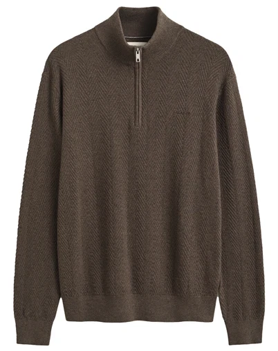 Gant - Herringbone Texture Half Zip - Brown Melange